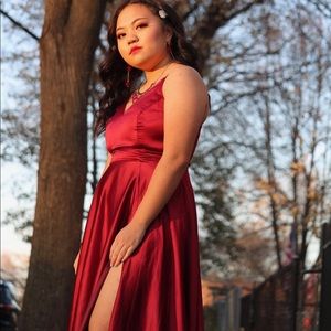 Red satin prom dress